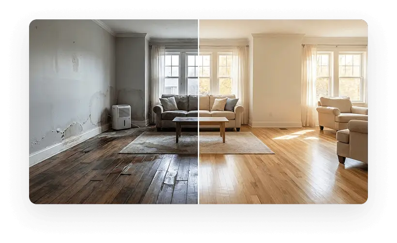 Before and after water damage restoration showing full home recovery